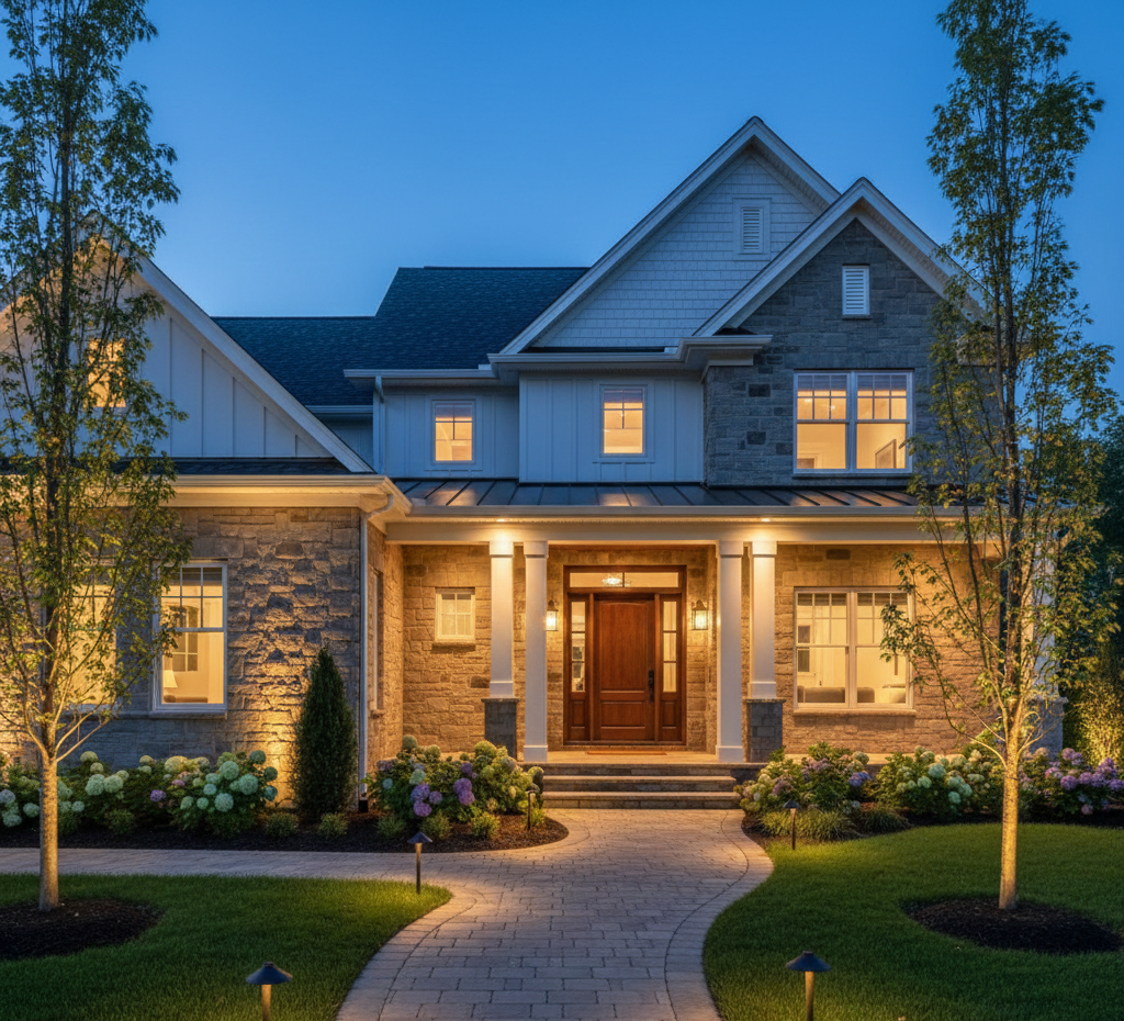 Stone facade house with pathway illuminated by lights at dusk.