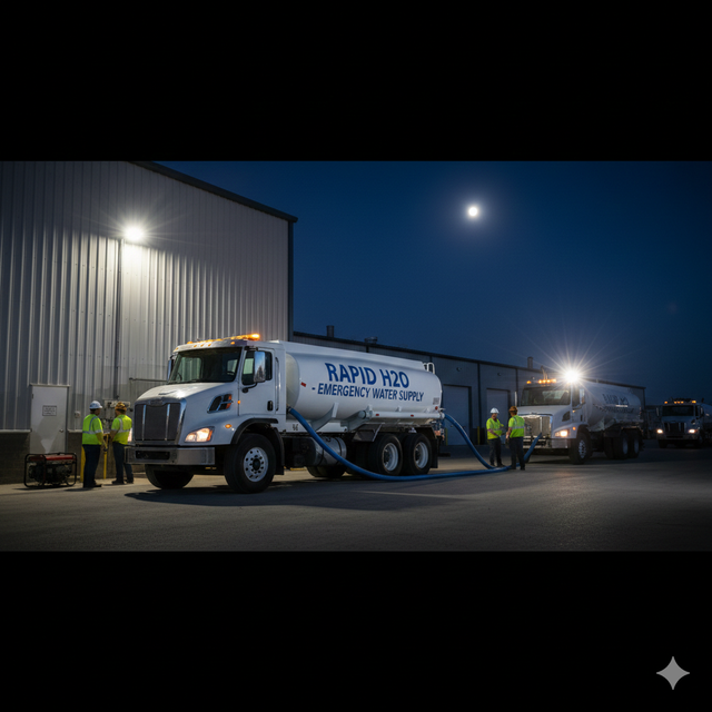 Two white tanker trucks at night being serviced by workers in safety vests; next to a building.