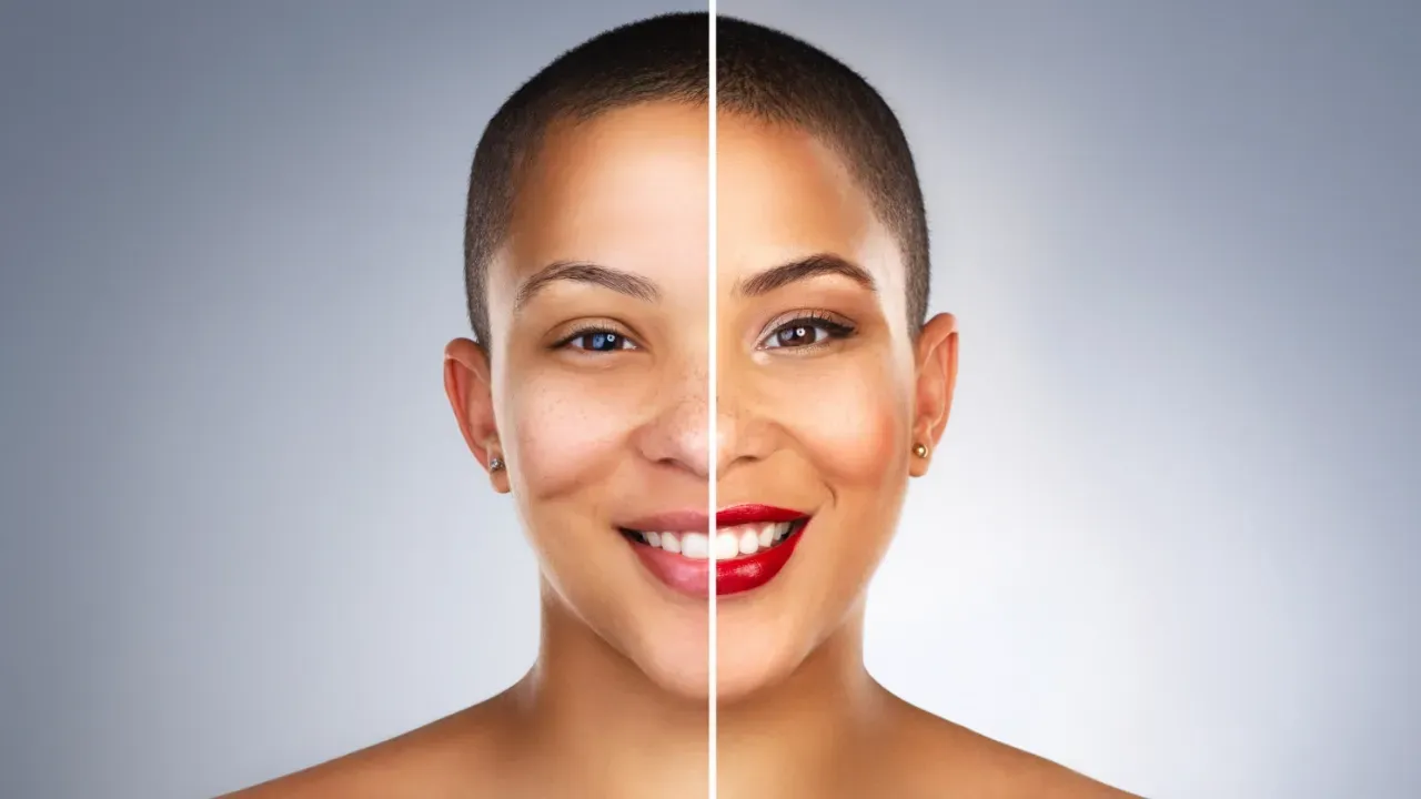 before/after image of a woman with makeup
