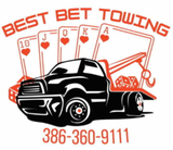 Logo: Black tow truck, playing cards,