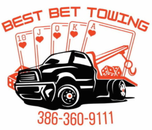 Logo: Black tow truck, playing cards,