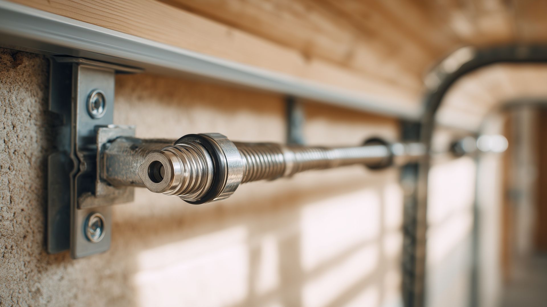 Steel garage door torsion spring and shaft mounted on a bracket, close-up against a wooden door.