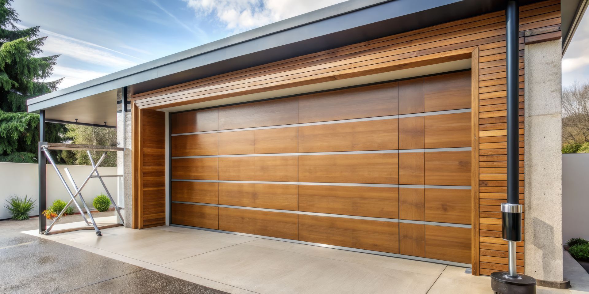 Modern house exterior with a wooden garage door and concrete driveway