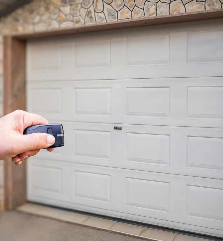 Hand holding remote control near closed white garage door.