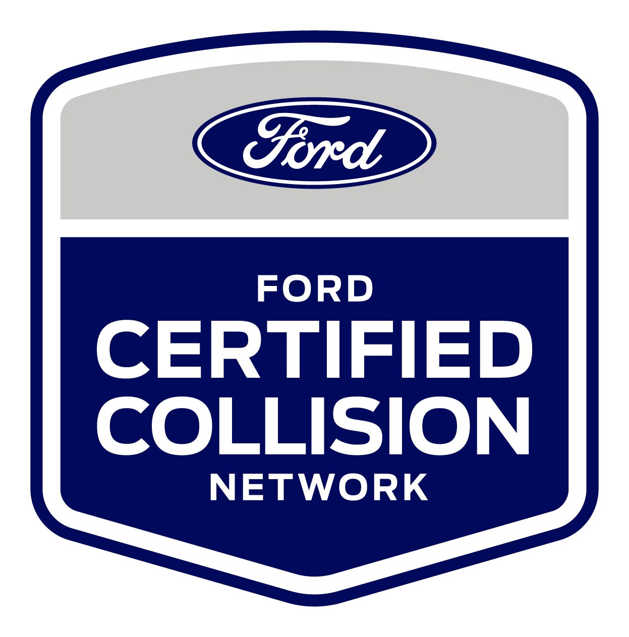 Ford Certified Collision Network shield logo in blue and white with Ford emblem.