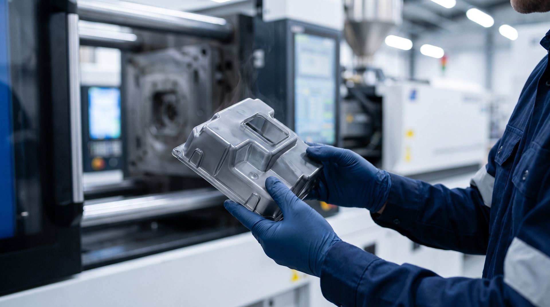 Technician holding a precision metal injection molding supplier part by the molding machine Technician holding a precision metal injection molding supplier part by the molding machine