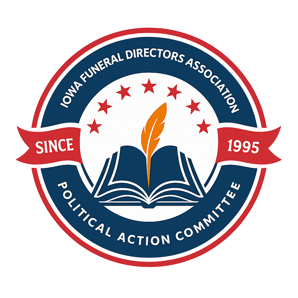 Iowa Funeral Directors Association Political Action Committee logo with open book and candle, red, white, and blue seal