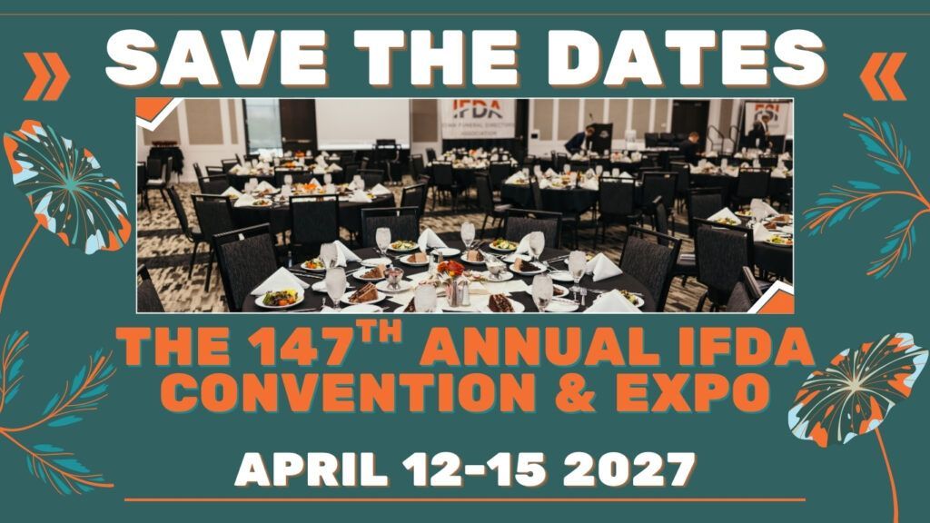 Save the dates: 147th Annual FFA Convention & Expo, April 12-15, 2027, with event hall photo and teal-orange design