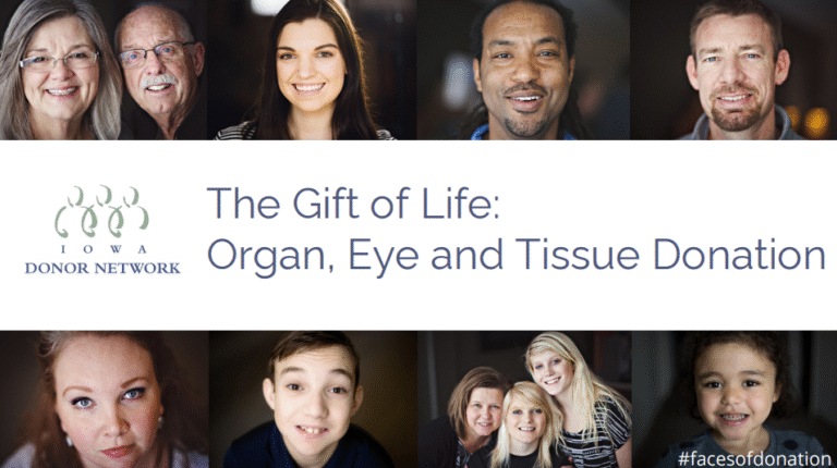 Donor network banner with diverse faces and text: “The Gift of Life: Organ, Eye and Tissue Donation”
