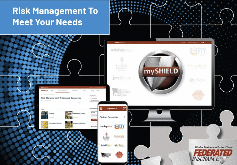Risk management promo with mySHIELD on desktop, laptop, phone, and tablet against a black-and-blue puzzle background