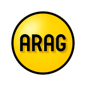 Yellow circular logo with black outline and the text “ARAG” in black letters