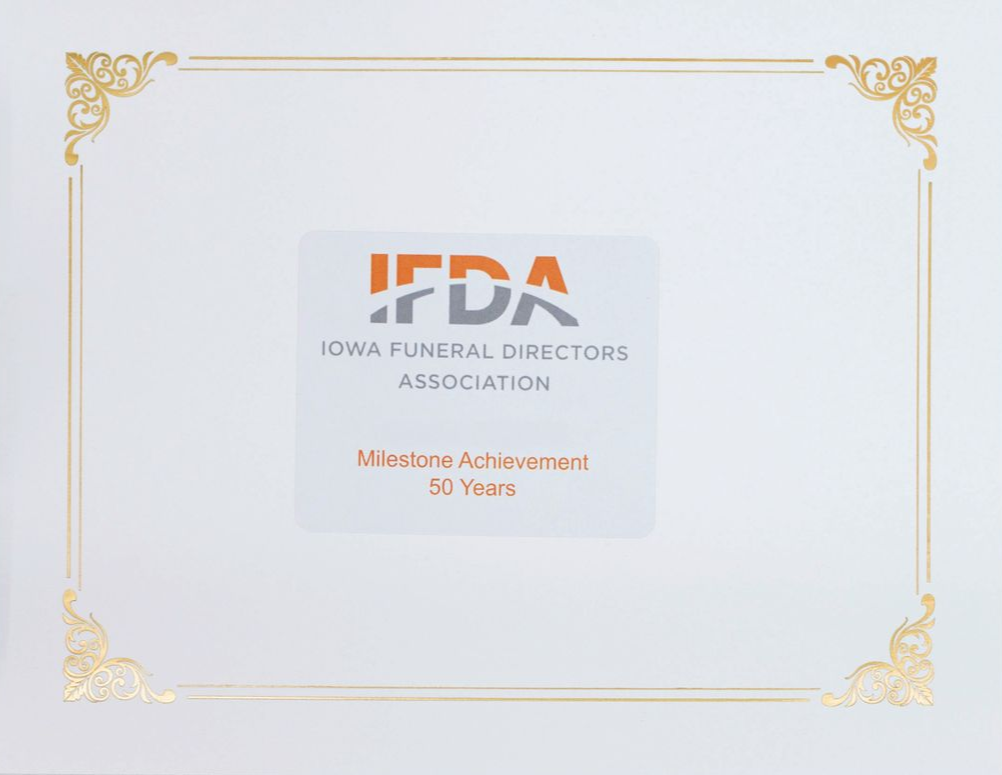 IFDA Iowa Funeral Directors Association milestone award certificate, 50 years, with gold border.