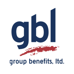 Gbl group benefits, ltd. logo in navy blue with red brushstroke underline
