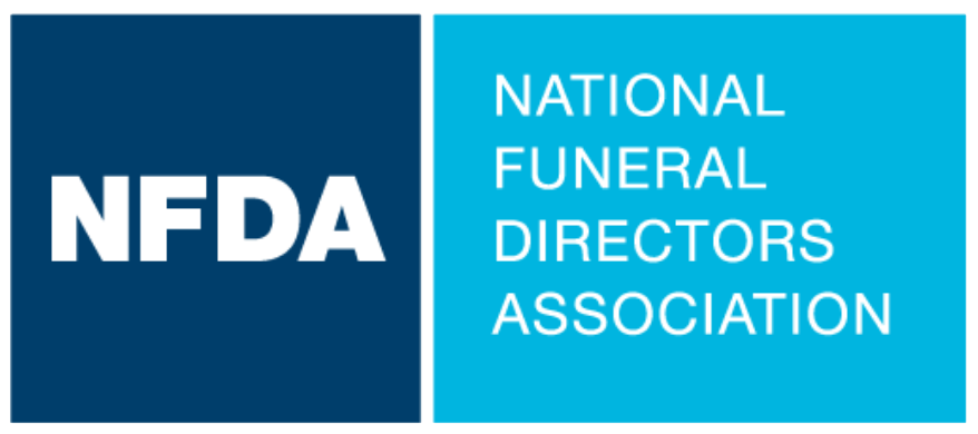NFDA logo with white letters on dark blue next to National Funeral Directors Association on teal