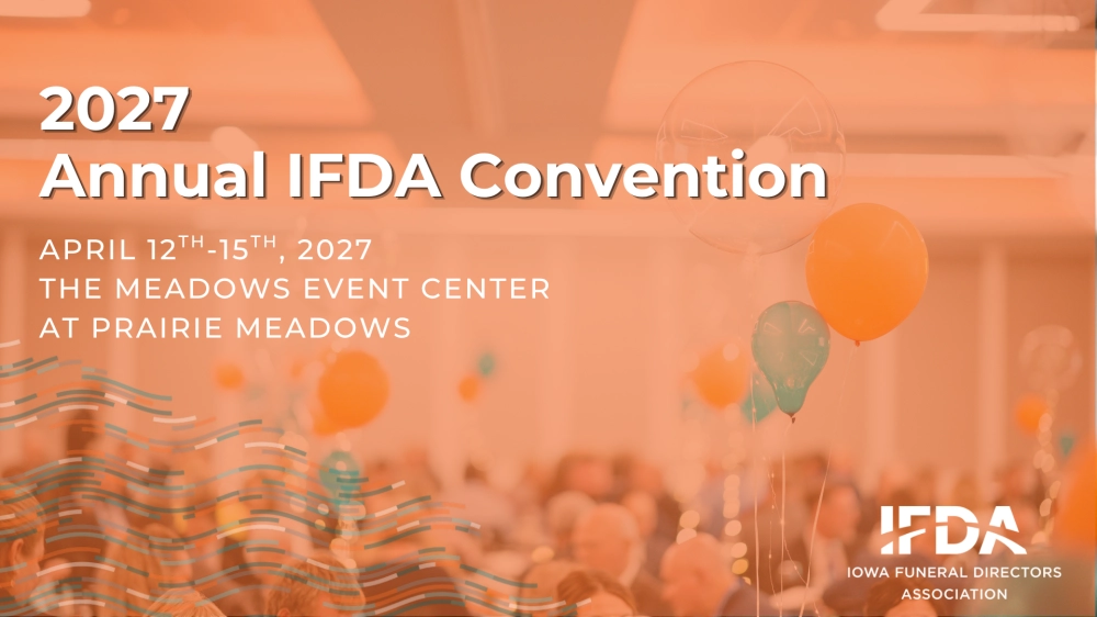 2027 Annual IFDA Convention poster with orange balloons, April 12–15, at The Meadows Event Center, Prairie Meadows