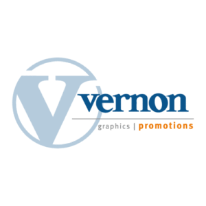 Vernon Graphics | Promotions logo in blue and orange with a large stylized V