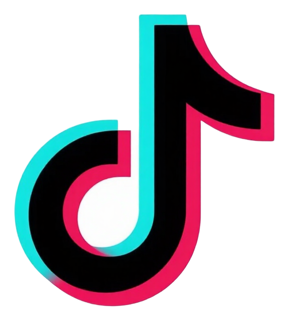 TikTok logo in black with cyan and pink outline on a white background