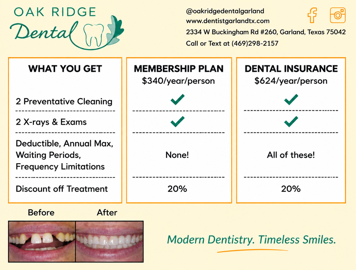 Oak Ridge Dental ad comparing membership plan and dental insurance with pricing, benefits, and before-after smile photos - Oak Ridge Dental Flyer