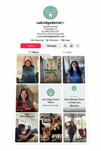 TikTok profile page for oakridgedental with a red Follow button and a grid of dental clinic videos