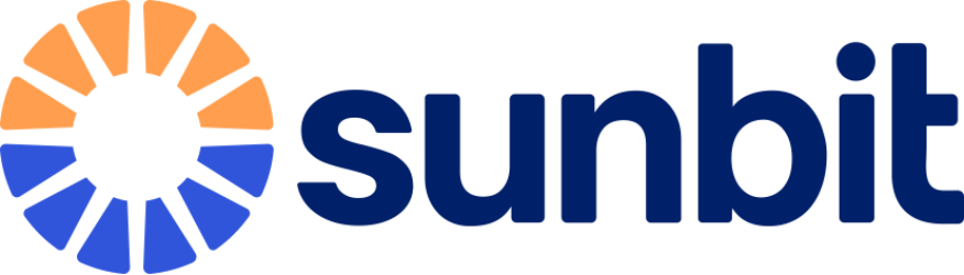 A blue and orange logo for sunbit with a sun in the middle