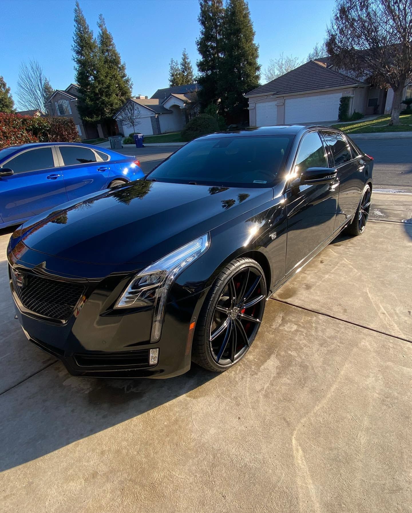Black luxury sedan parked in a sunny driveway beside a blue car, with suburban homes in the background