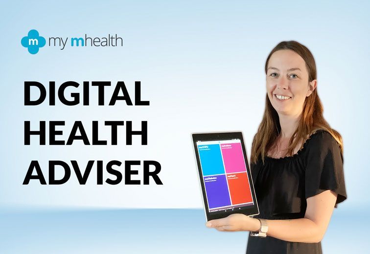 A woman is holding a tablet in front of a sign that says digital health adviser