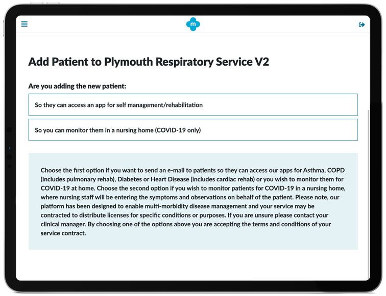 A tablet screen shows a page that says `` add patient to plymouth respiratory service v2 ''.