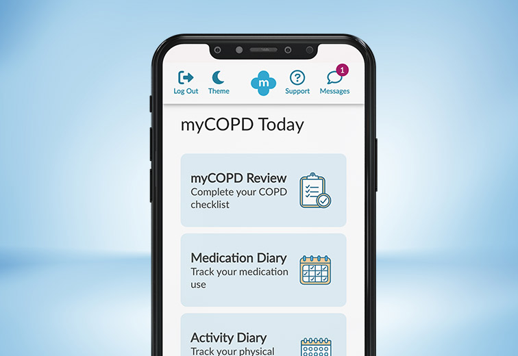 A cell phone with the mycopd today app open on it.
