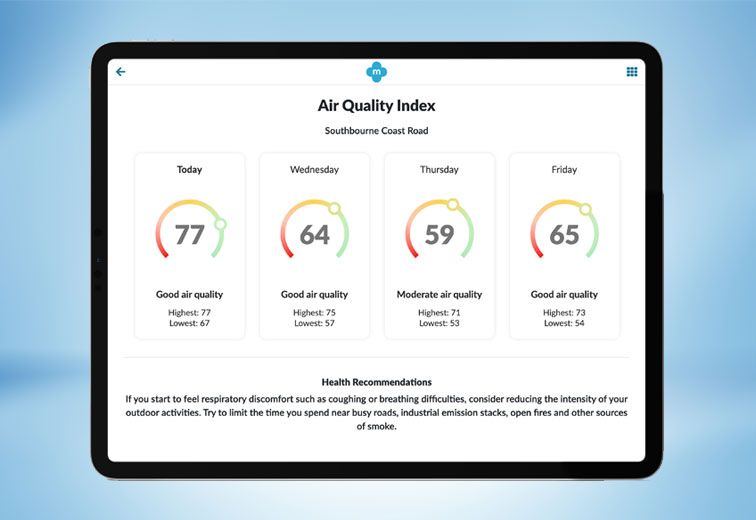 A tablet screen shows the air quality index on a blue background.
