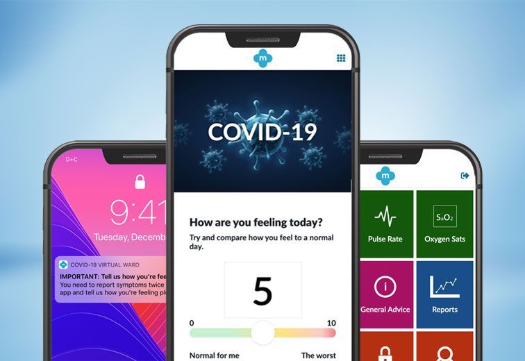 Three phones are displaying a covid-19 app on their screens.