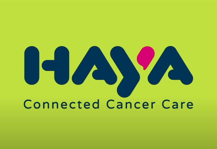 A logo for haya connected cancer care on a green background