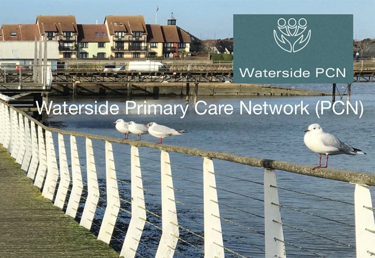 Several seagulls are sitting on a fence near the water and the words waterside primary care network ( pcn ) are above them