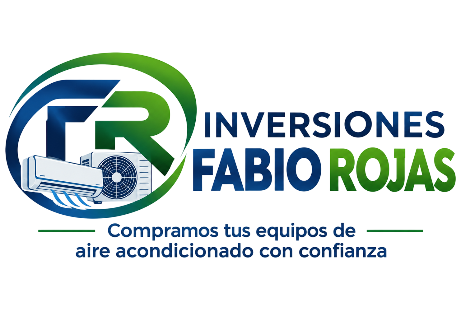 Logotipo de Inversiones Fabio Rojas con texto sobre la compra de equipos de aire acondicionado.