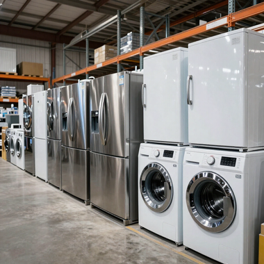 Pasillo de almacén con hileras de refrigeradores de acero inoxidable y lavadoras de carga frontal