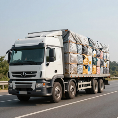 Camión de carga Mercedes blanco que transporta un cargamento de mercancías empaquetadas por una autopista