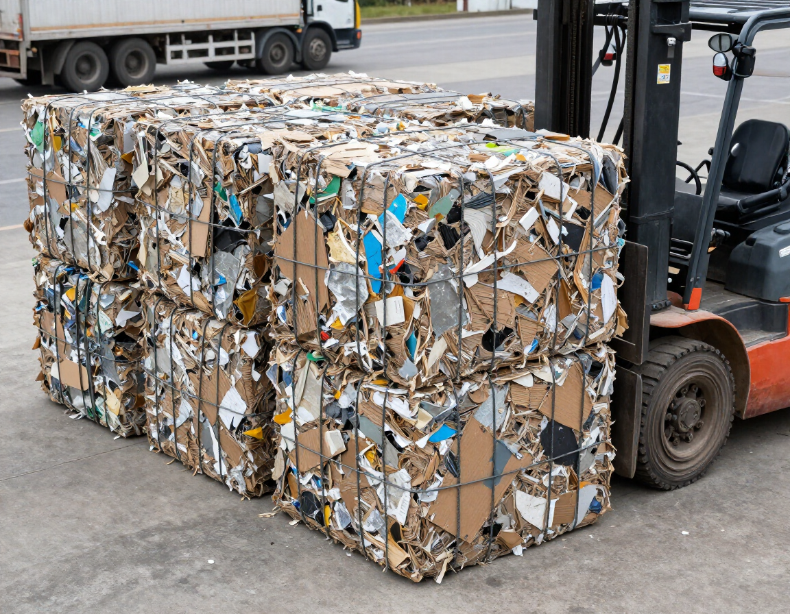 Fardos de cartón compactado sobre el pavimento junto a una carretilla elevadora