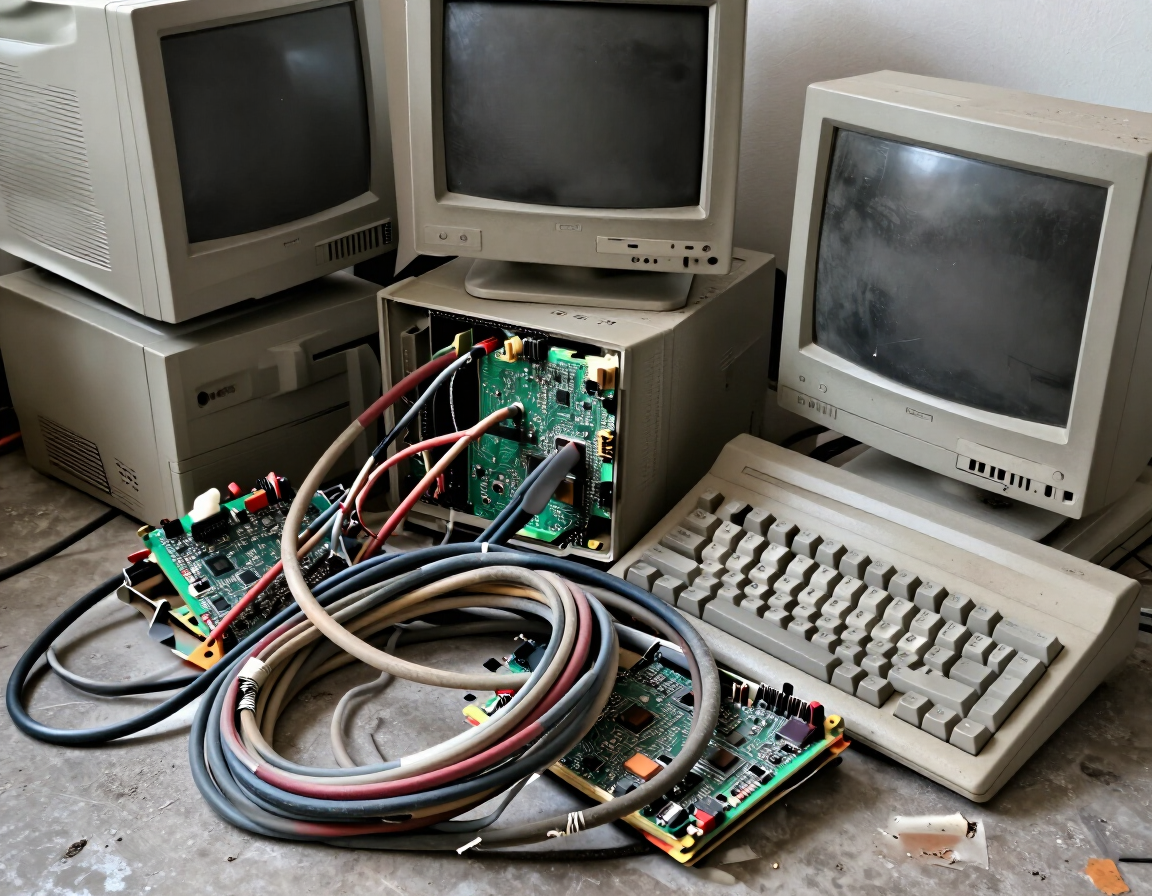 Antiguos monitores de ordenador beige, un teclado y placas de circuito expuestas, con cables enredados por el suelo.