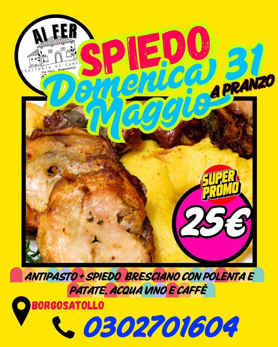 Locandina per la cena a base di pollo arrosto di domenica 31 maggio a Borgotaro, con menù e prezzo di 23€.