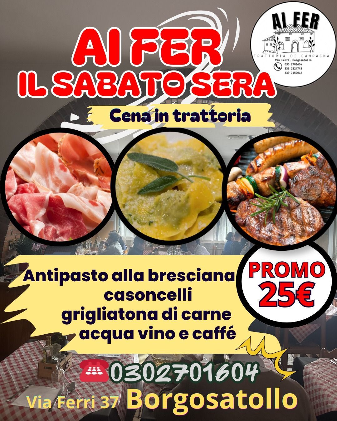 Poster for “AI FER IL SABATO SERA” at Al Fea, with food photos and promo dinner for 25€ in Vizzini