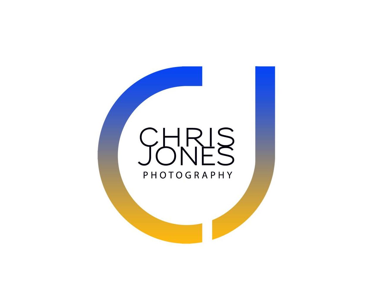 A blue and yellow logo for chris jones photography