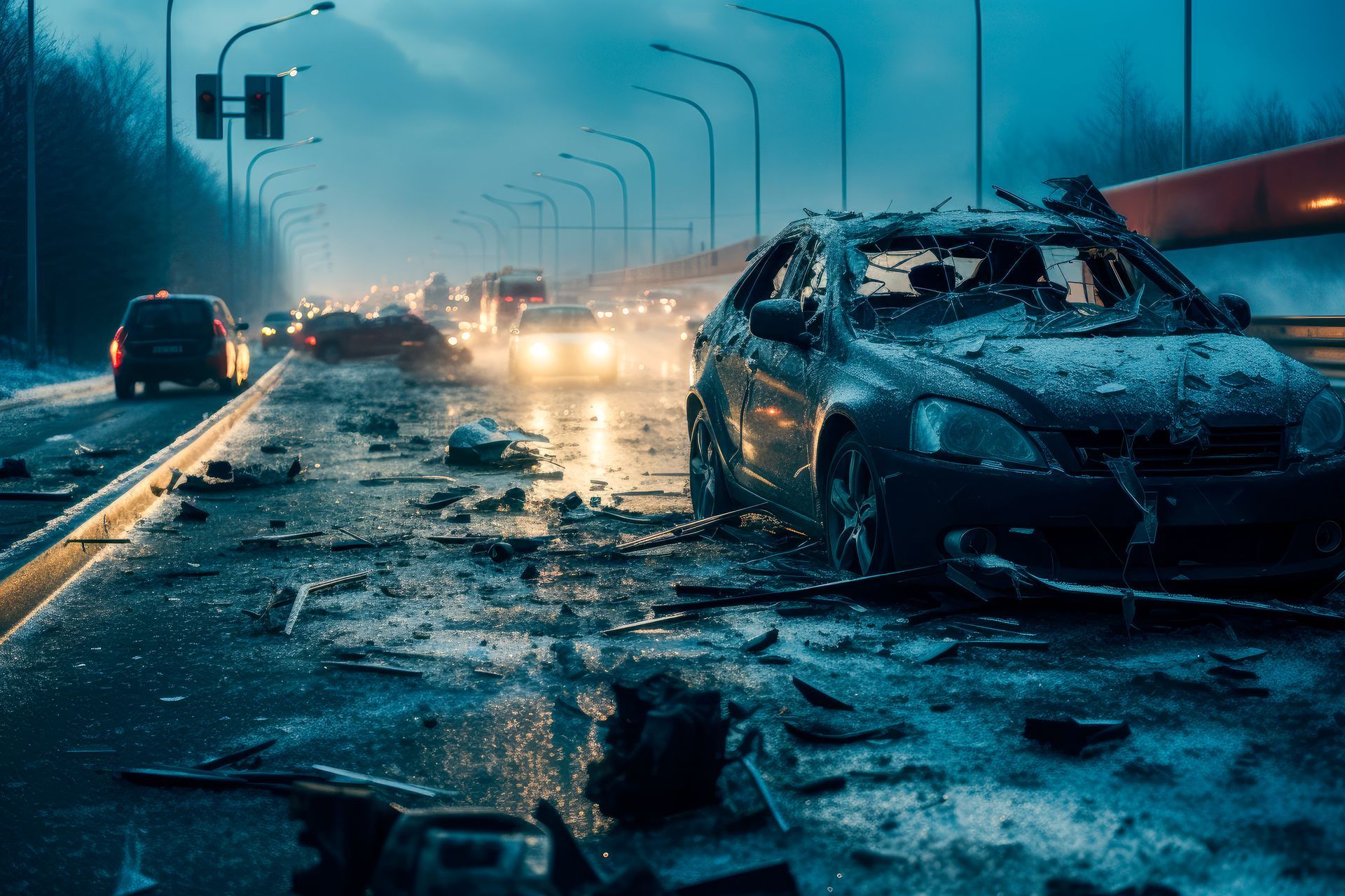 Damaged car on a snow-covered highway after an accident, representing auto accident attorney.