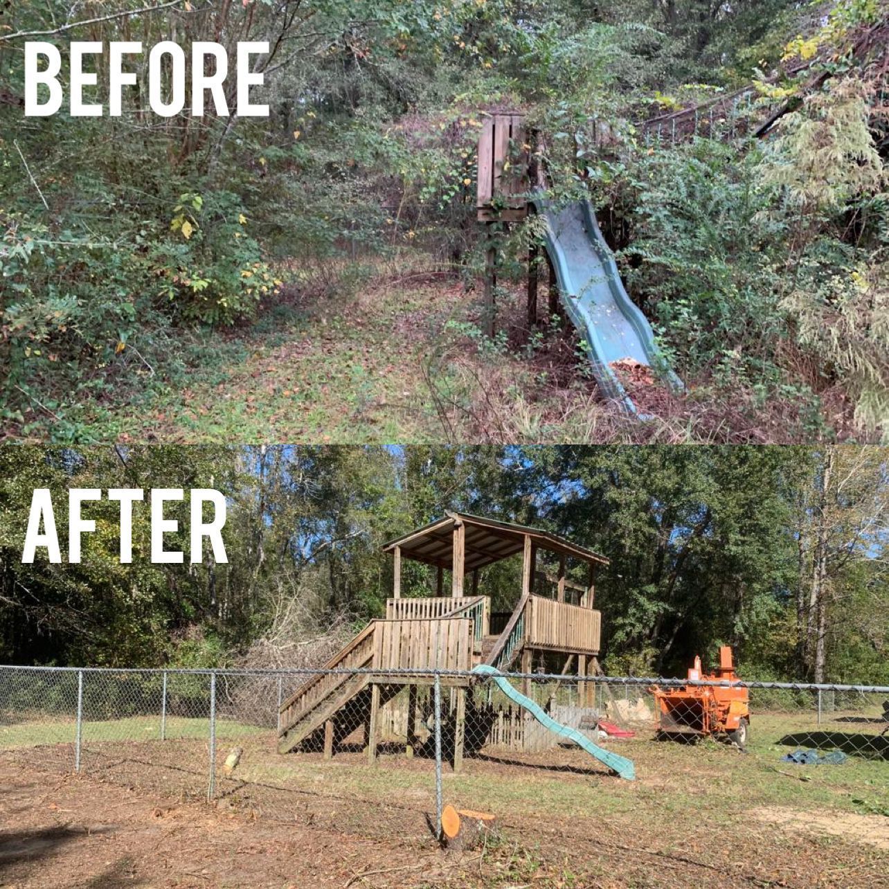 Before-and-after of a wooded backyard: a worn slide becomes a new wooden playset with a blue slide and fence.