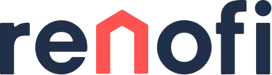 Renofi logo in navy and coral with a stylized coral house roof icon