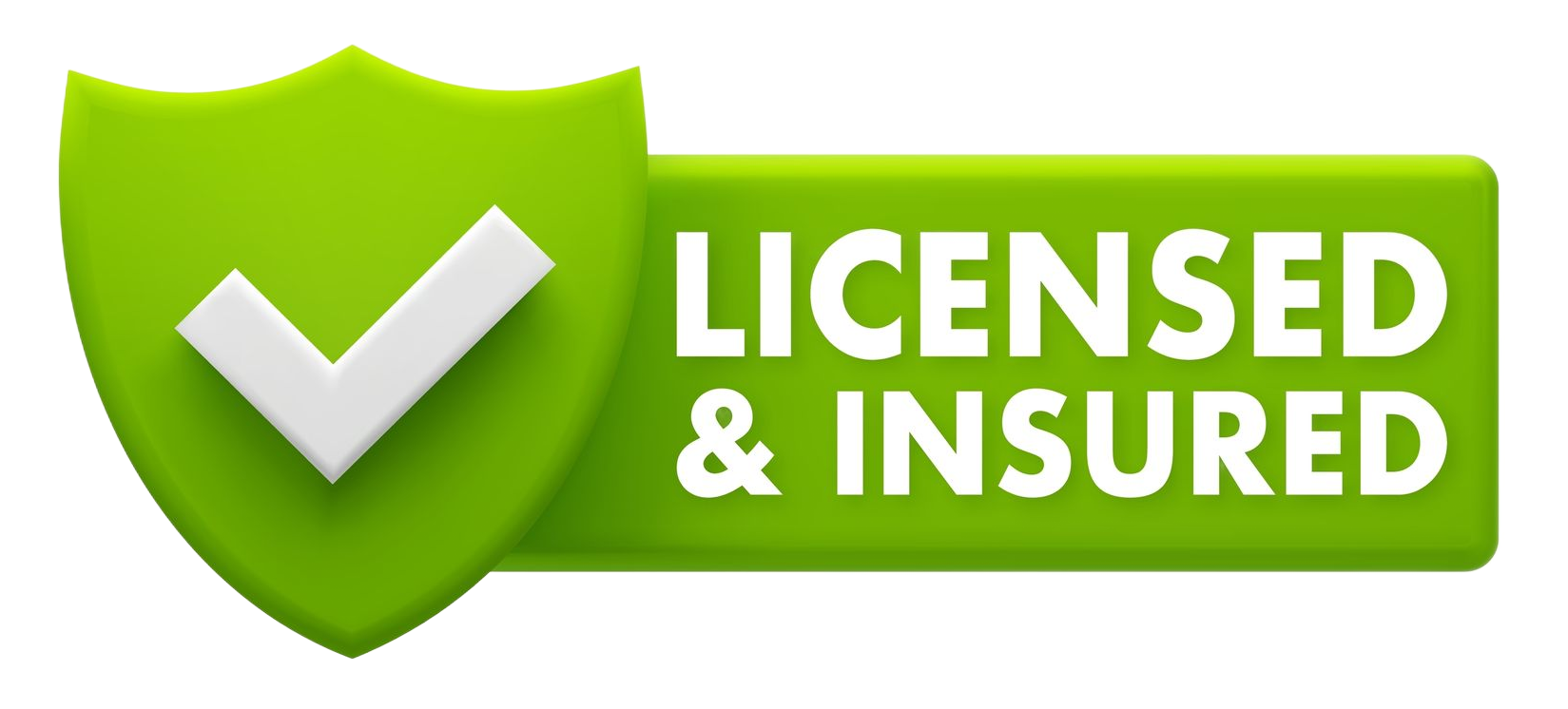 Green shield badge with white checkmark and text “LICENSED & INSURED”