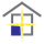 Gray house outline with yellow starburst in a blue window.