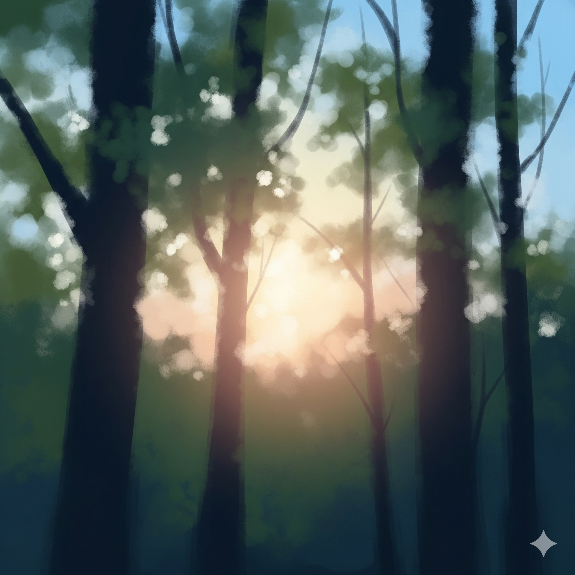 close up of trees with sun in the background