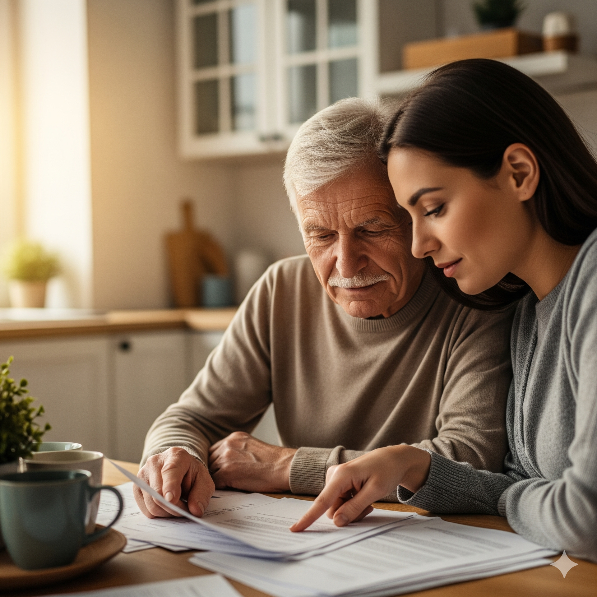 Elderly woman mourning a lost one with a man and woman while looking at a laptop