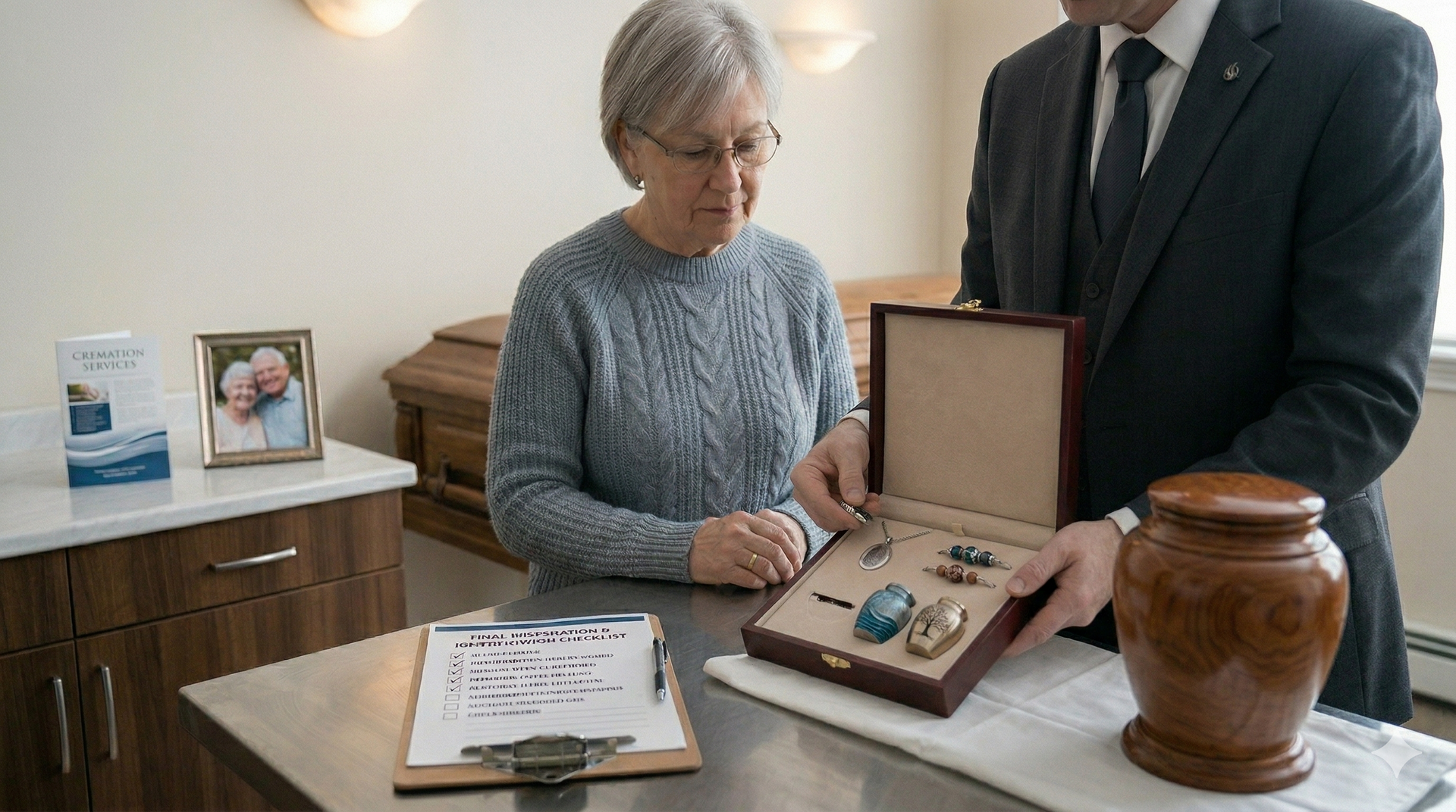 woman reviewing cremation jewelry options with a funeral director