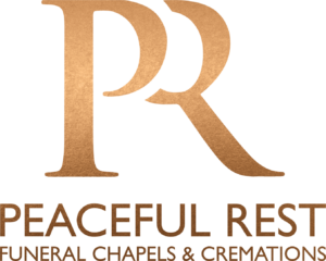 Peaceful Rest Funeral Chapels & Cremations logo with gold “PR” monogram on white background