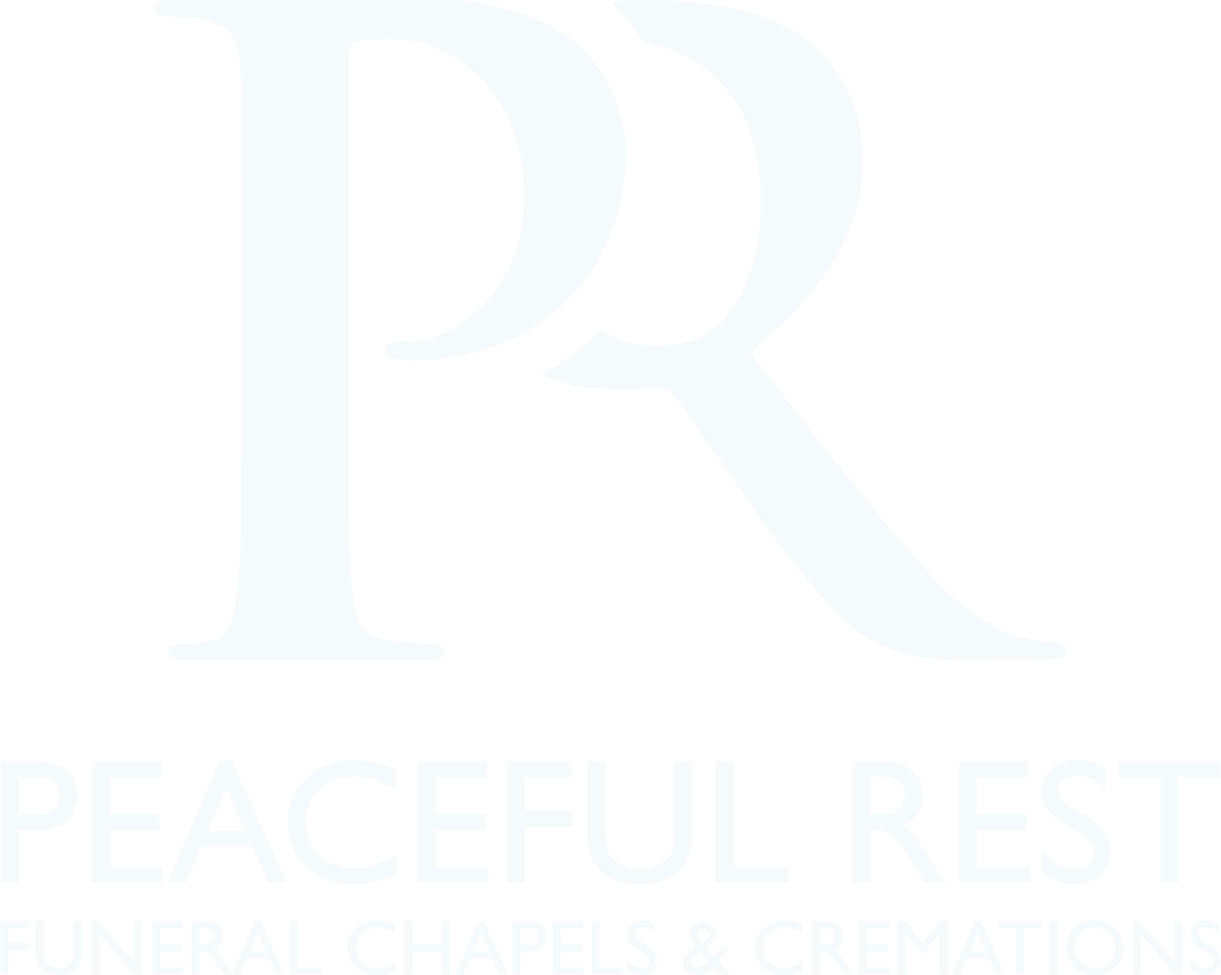Faded pale blue PR logo with the words “PEACEFUL REST” on a white background